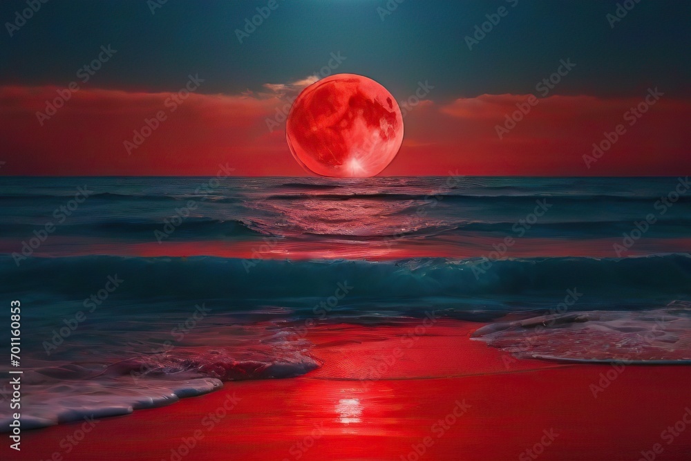 red moon reflecting on ocean