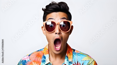 photo close up portrait of asian man looking surprised wow face takes off sunglasses and staring impressed camera standing white background © Muzikitooo