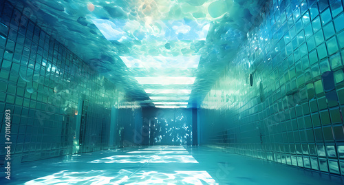 The underwater view of an indoor swimming pool