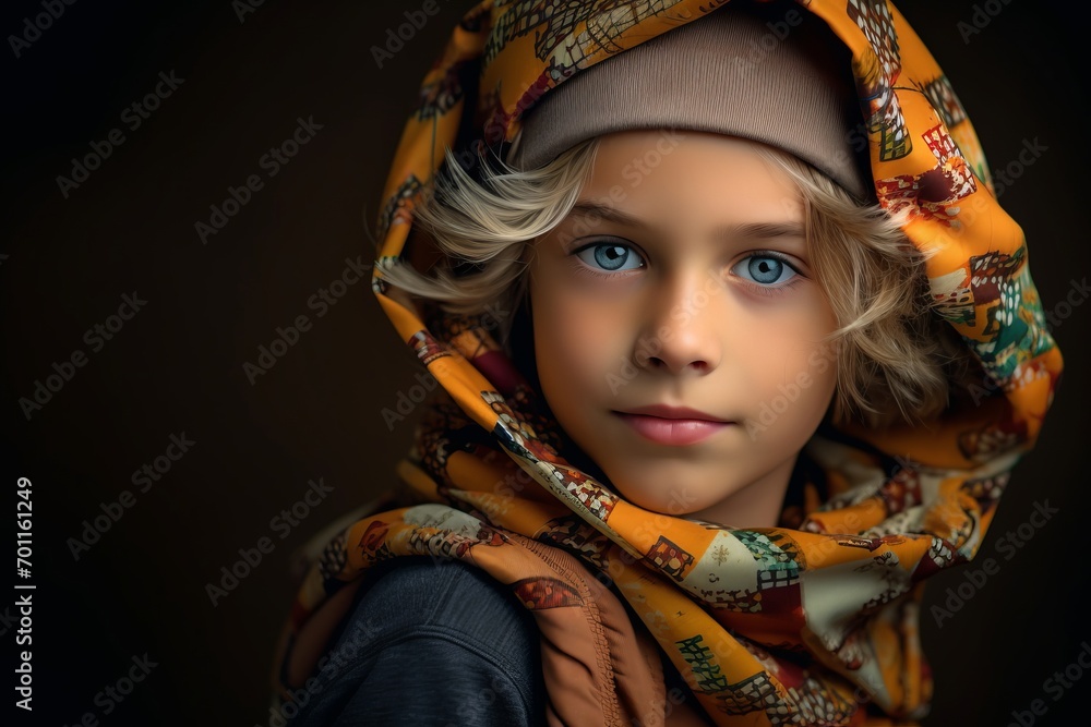 Portrait of a beautiful little girl in a headscarf.