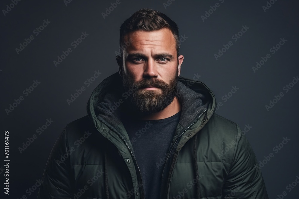 Portrait of a handsome bearded man in a green jacket on a dark background