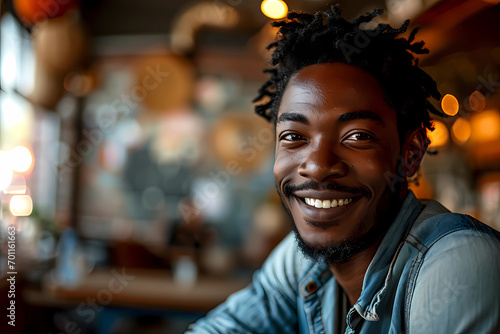 A smiling young black man in light blue shirt photo