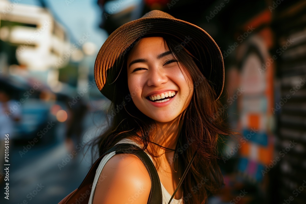 Joyful Asian Woman with Sunhat Laughing on City Street. Generative AI.
