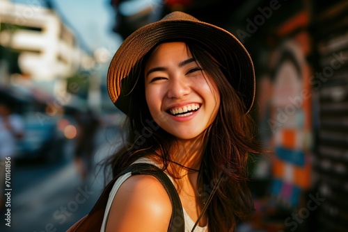 Joyful Asian Woman with Sunhat Laughing on City Street. Generative AI. © Tuyres