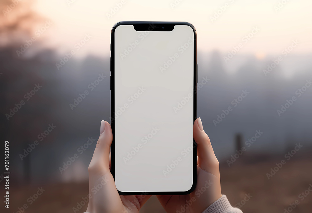 Woman holding phone in hands with a white screen