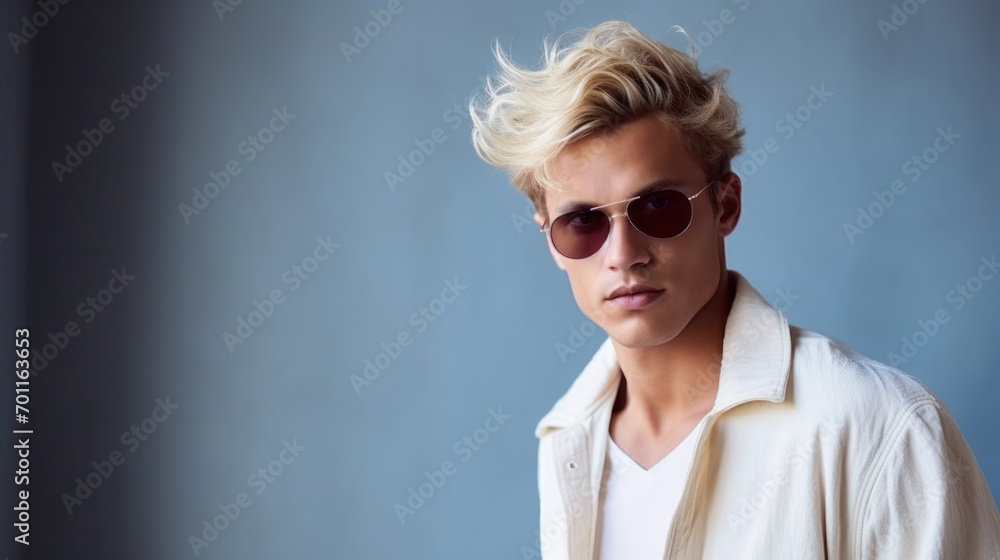 Stylish young man poses in shirt and modern sunglasses. Mens accessories, optics. Studio portrait. Stylish young man poses in shirt and modern sunglasses. Mens accessories, optics. Studio portrait.