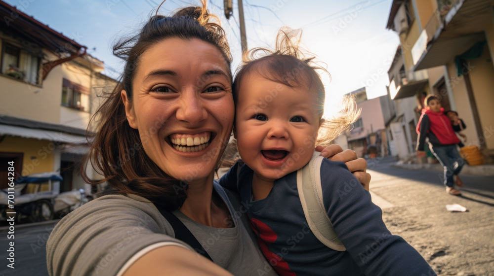 Pretty young mother and her cute daughter having fun and take selfies. Little girl surprised looking in phone and smile on the sunny city background. Stylish family, true emotion, good moon. Pretty young mother and her cute daughter having fun and take selfies. Little girl surprised looking in phone and smile on the sunny city background. Stylish family, true emotion, good moon.
