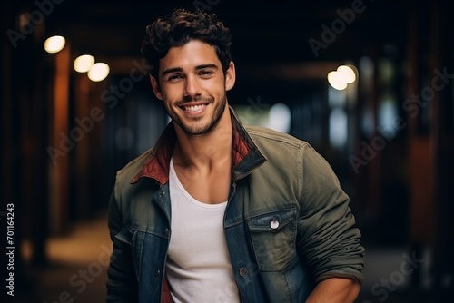 Portrait of a handsome young man smiling at the camera in the street