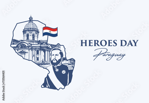 VECTORS. Editable banner for Heroes day in Paraguay. National Pantheon of Heroes, Francisco Solano Lopez, map, flag photo