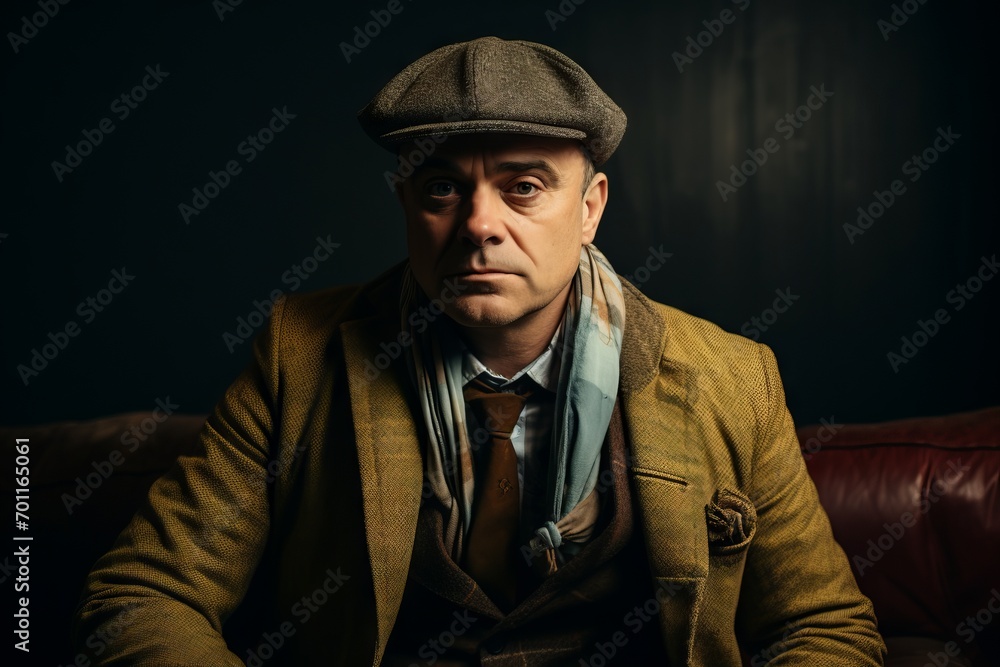 Retro style portrait of a man in a jacket and cap. Retro style portrait of a man in a jacket and cap.