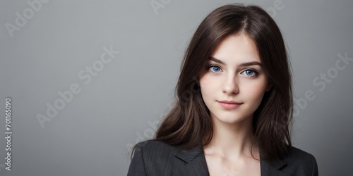 A young businesswoman against a gray background with copy space.