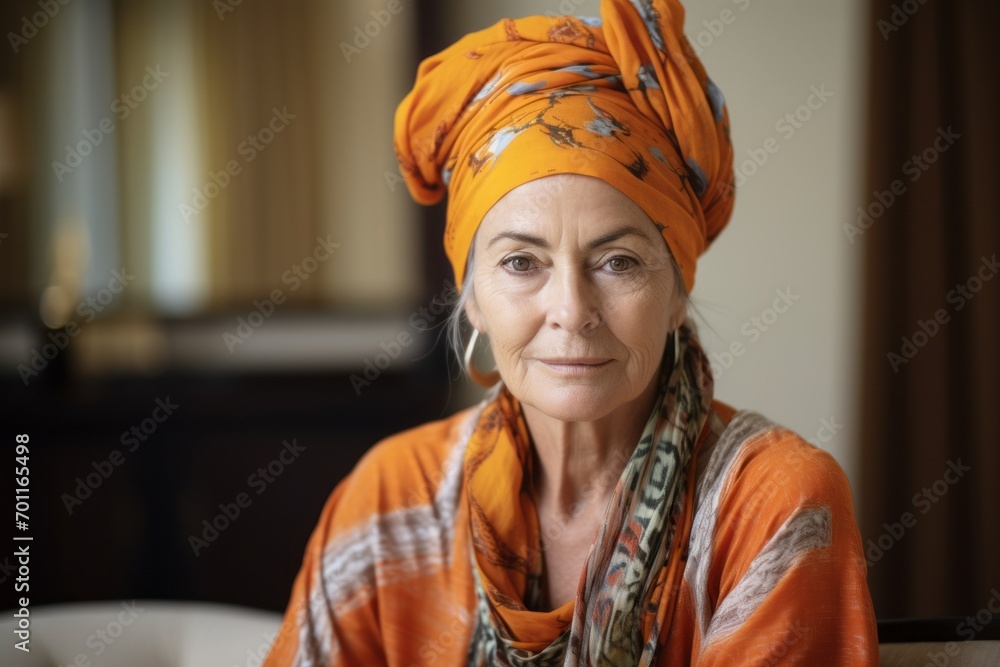 Portrait of a beautiful senior woman with orange headscarf. Portrait of a beautiful senior woman with orange headscarf.