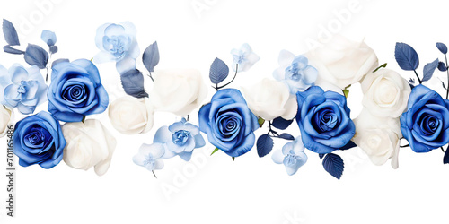 Banner with blue and white  roeses, Greeting card template for Wedding, mothers or woman day. Springtime composition with copy space. Flat lay style   - 1 photo