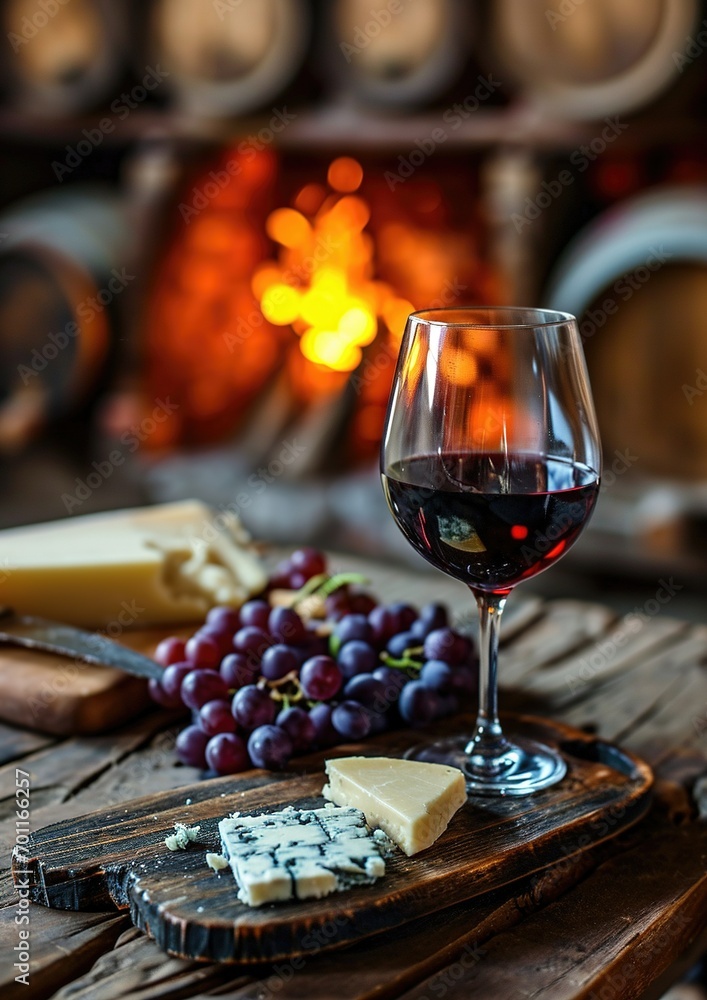 glass of wine with cheese and grapes with fireplace as background