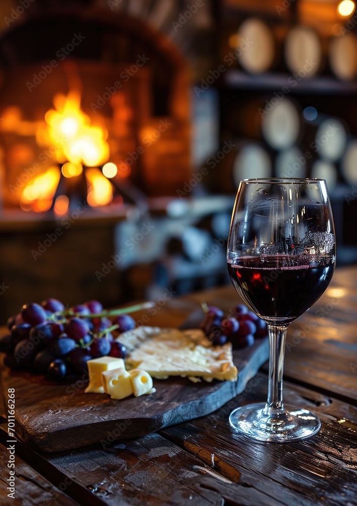 glass of wine with cheese and grapes with fireplace as background
