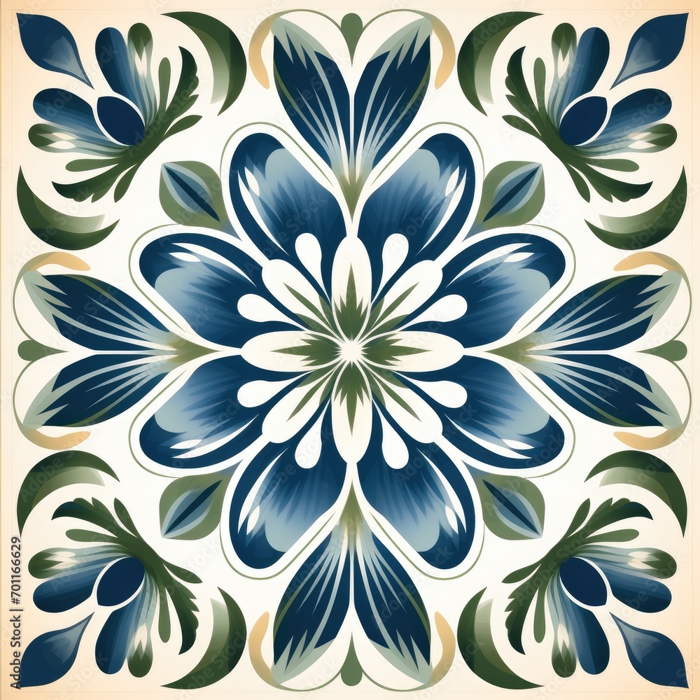 Fototapeta premium ceramic tile in talavera style with green floral ornament.Rustic green tile watercolor seamless pattern.