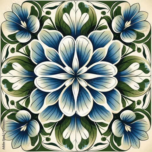  ceramic tile in talavera style with green floral ornament.Rustic green tile watercolor seamless pattern.
