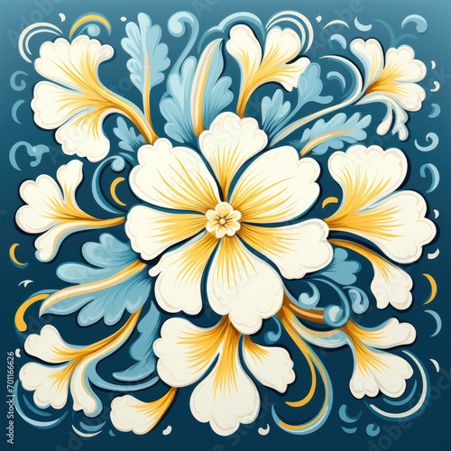  ceramic tile in talavera style with navy blue floral ornament.Rustic blue tile watercolor seamless pattern.