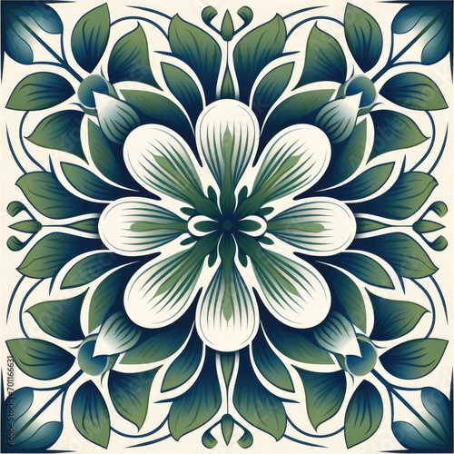  ceramic tile in talavera style with green floral ornament.Rustic green tile watercolor seamless pattern.