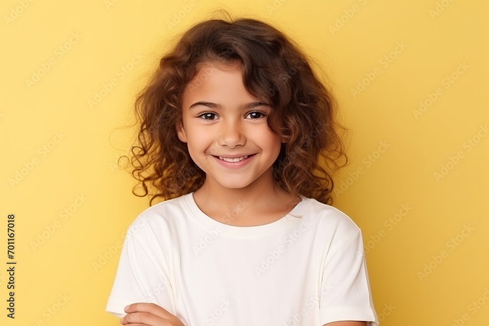 Portrait of a smiling little girl with curly hair over yellow background Portrait of a smiling little girl with curly hair over yellow background