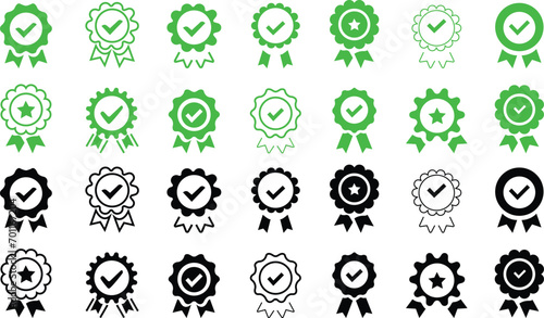 Set of approved or certified medal icons. Approval check signs, verified, quality symbol. Certified, qualified, the best, check mark and number one. Vector. isolated on transparent background,