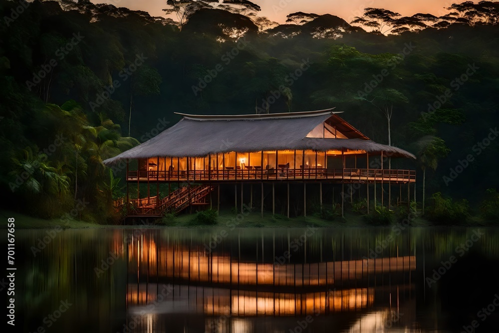 Fototapeta premium Amazon rainforest lodge at sunset, Yasuni national park, Ecuador. 