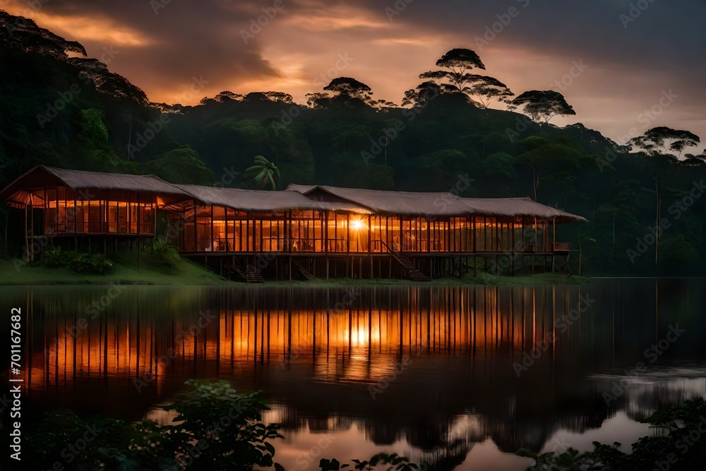 sunset over the lakeAmazon rainforest lodge at sunset, Yasuni national park, Ecuador.
