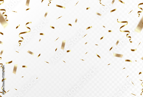 Gold flying confetti. Transparent background. Paper.Small and large. Vector