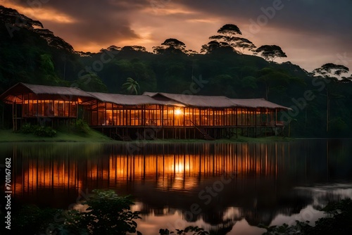sunset over the lakeAmazon rainforest lodge at sunset, Yasuni national park, Ecuador. 
