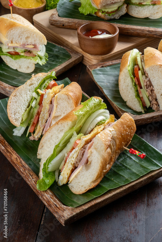 Ham and cheese salad submarine sandwich, Kaogee, French bread, Lao Style French bread.