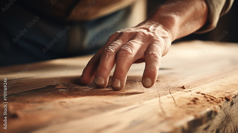 Close-up of a carpenter polishing or modifying a piece of wood. Make it according to the size you want to use. Close-up of a carpenter polishing or modifying a piece of wood. Make it according to the size you want to use.