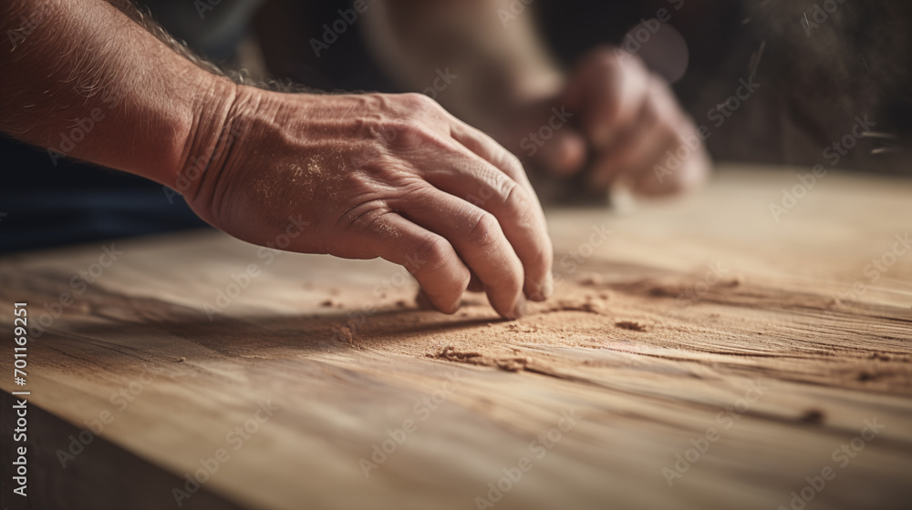 Close-up of a carpenter polishing or modifying a piece of wood. Make it according to the size you want to use.