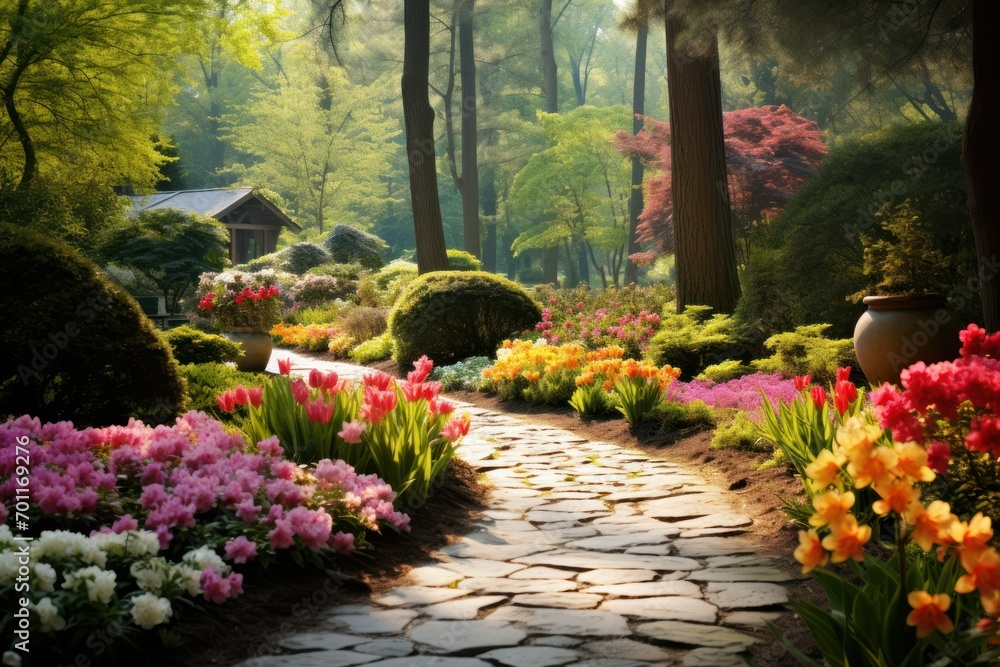Highlight the beauty of a serene garden in full bloom Highlight the beauty of a serene garden in full bloom
