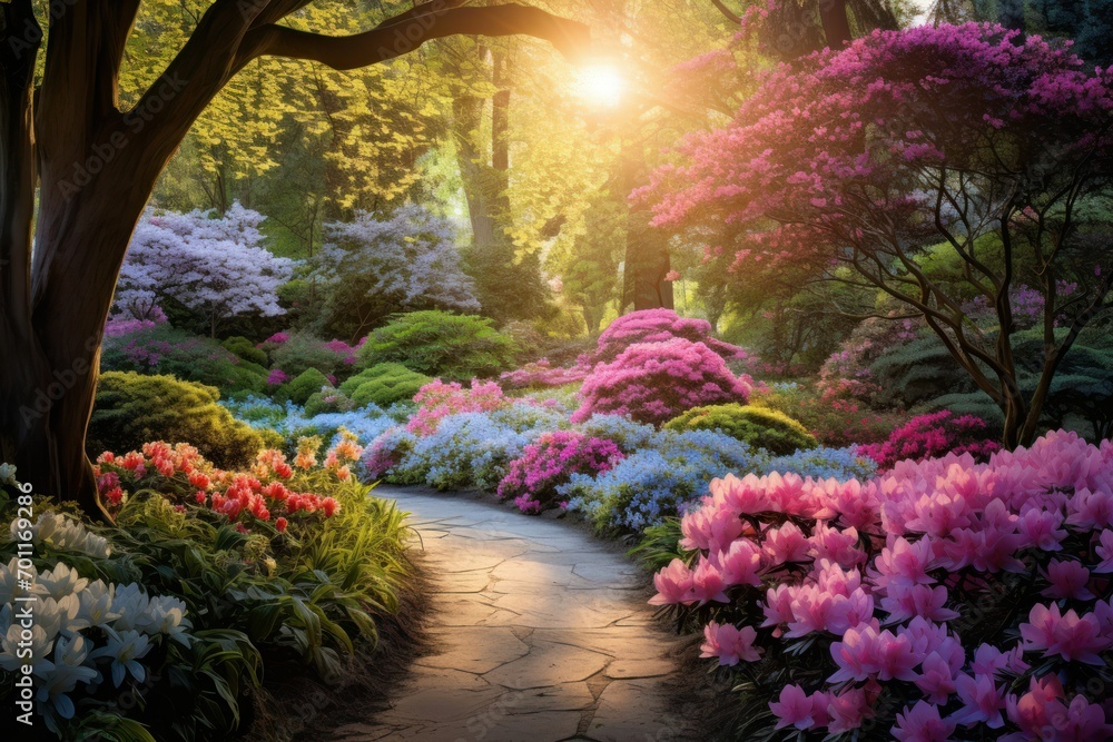 Highlight the beauty of a serene garden in full bloom