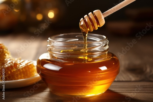 Pouring sweet golden honey from dipper into jar at wooden table, closeup