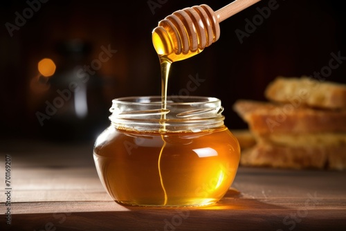 Pouring sweet golden honey from dipper into jar at wooden table, closeup photo