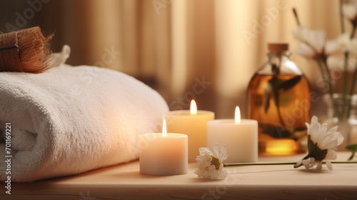 Beautifully decorated spa such as towels, candles, essential oils healthy lifestyle Body and skin care, close-up