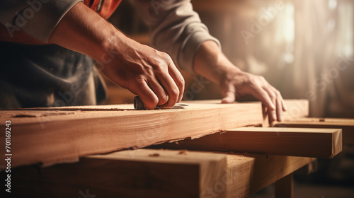 Close-up of a carpenter polishing or modifying a piece of wood. Make it according to the size you want to use. photo