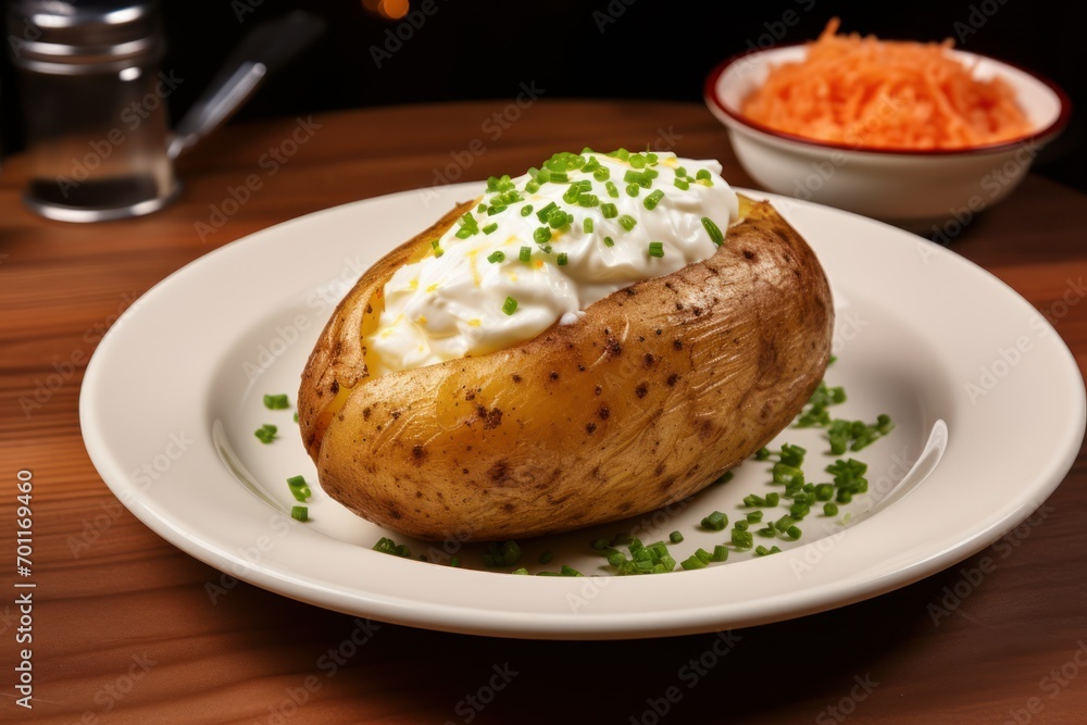 Delicious baked potato on a blank plate Delicious baked potato on a blank plate