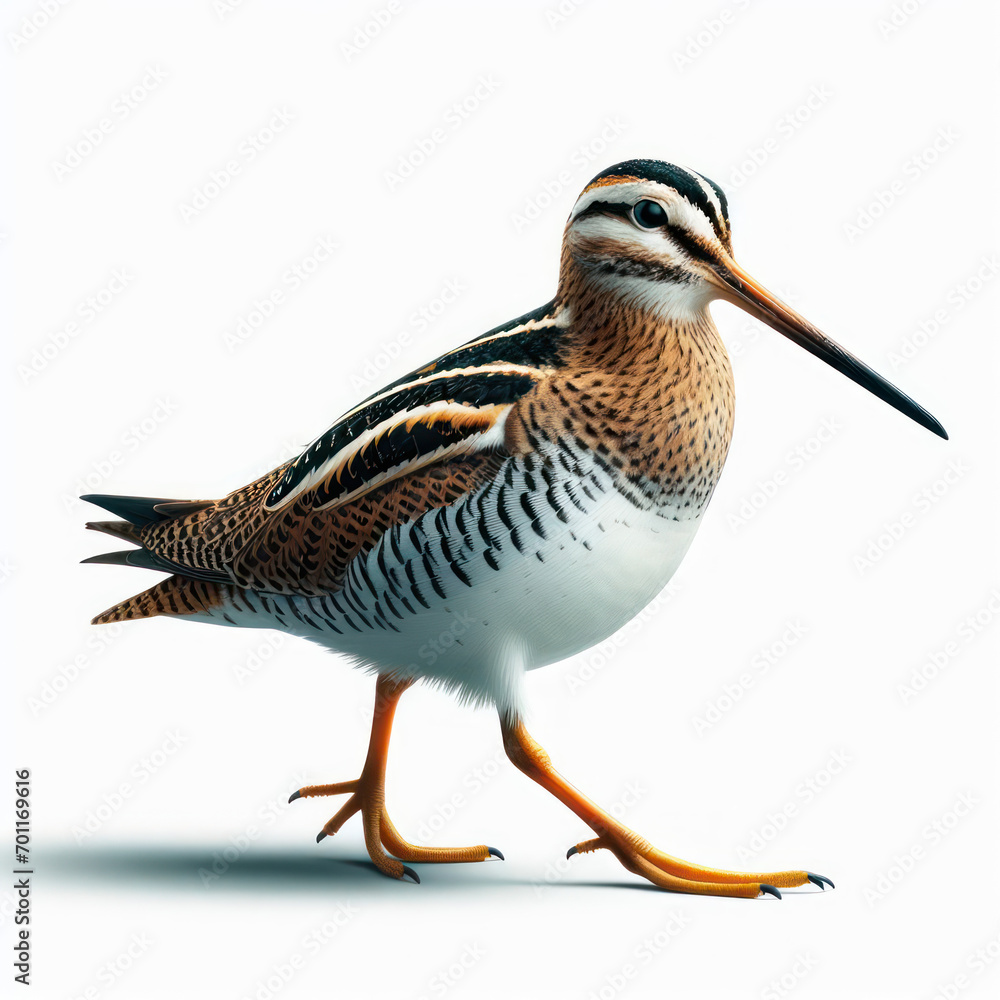 Obraz premium snipe perching bird, wader bird, ave zancuda, Agachadiza de Wilson, isolated White background