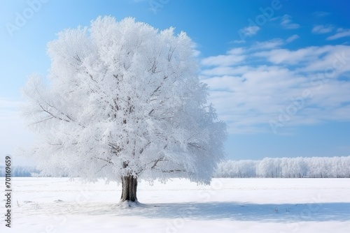 Beautiful tree covered with snow on winter day, Space for text © Muh