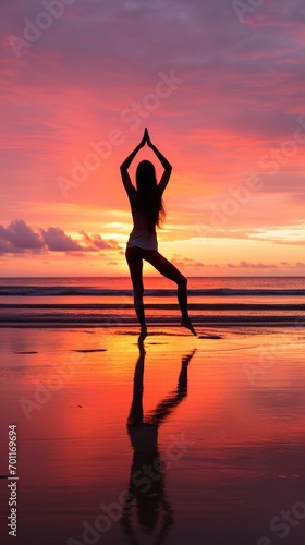 Silhouette Lady practicing Yoka on the beach at sunset