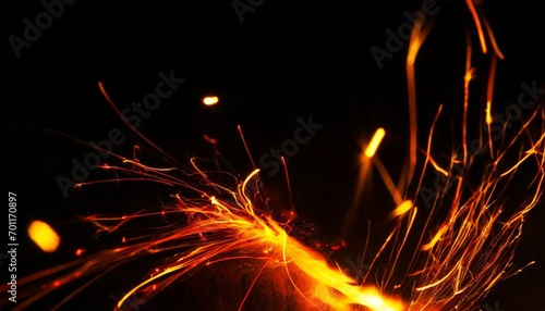 dance of fire embers over a pitch-black canvas. Macro details showcase the intricate patterns of sparks, an abstract symphony of dark glitter and glowing lights., sparkler on fire