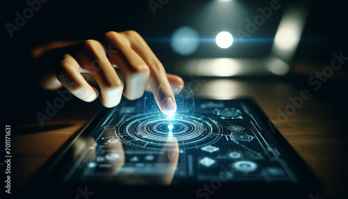 Hands operating future technologies, interactive tablet interfaces, navigation in the digital world, touch screen technology, innovative touch panels, Generative AI photo