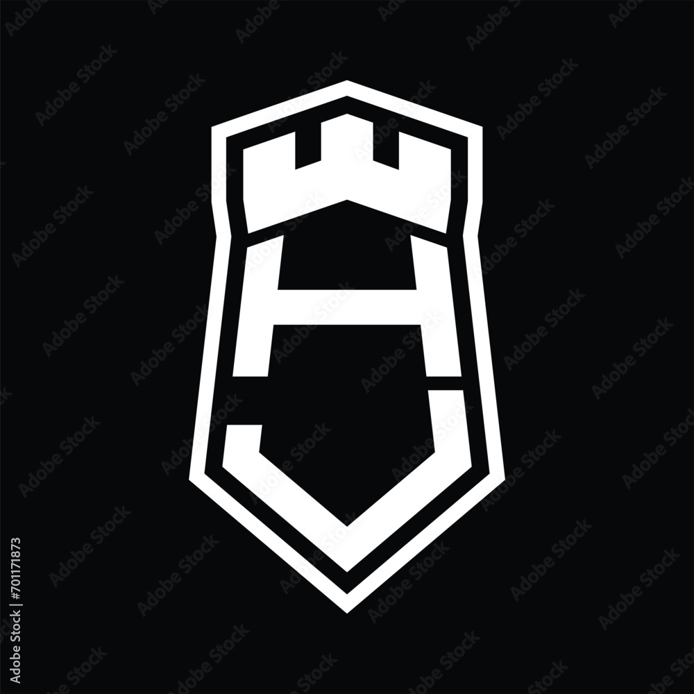 HJ Letter Logo monogram hexagon shield shape up and down with crown castle isolated style design HJ Letter Logo monogram hexagon shield shape up and down with crown castle isolated style design