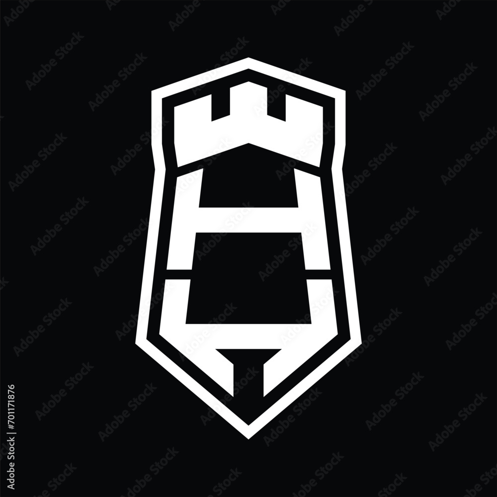 HH Letter Logo monogram hexagon shield shape up and down with crown castle isolated style design HH Letter Logo monogram hexagon shield shape up and down with crown castle isolated style design