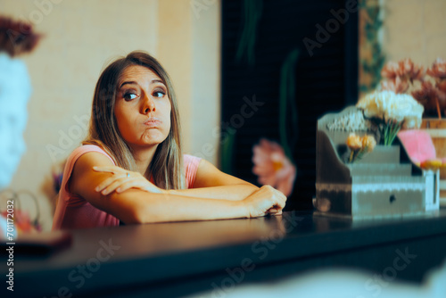 Stressed Bored Receptionist Feeling Exhausted and Tired. Unhappy concierge feeling sock and burnout during working hours 
