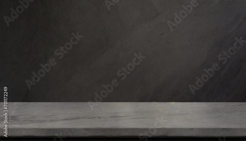 empty grey marble tabletop with dark black cement stone background for product displayed in rustic mood and tone. luxury background for product stand with empty copy space for party, promotion.