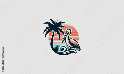 pelican on sea and palm vector illustration logo flat design