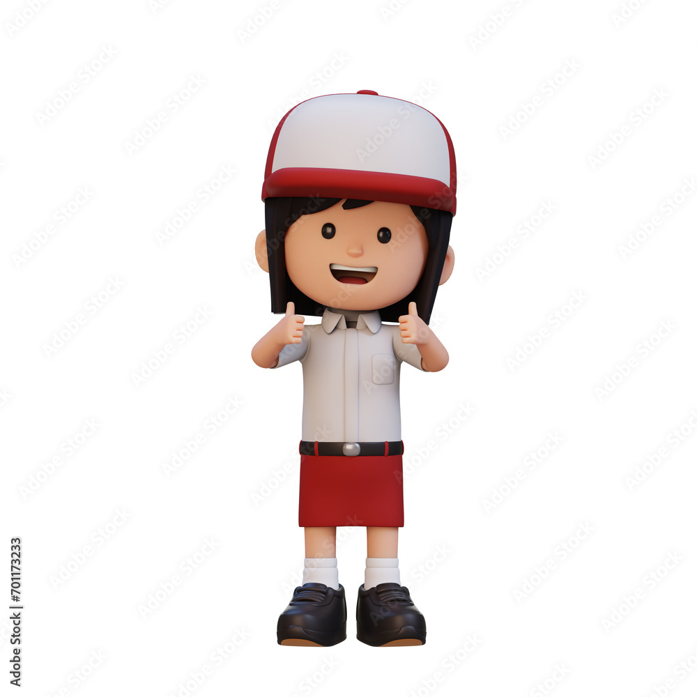 3D girl character give a thumbs up with cute happy face